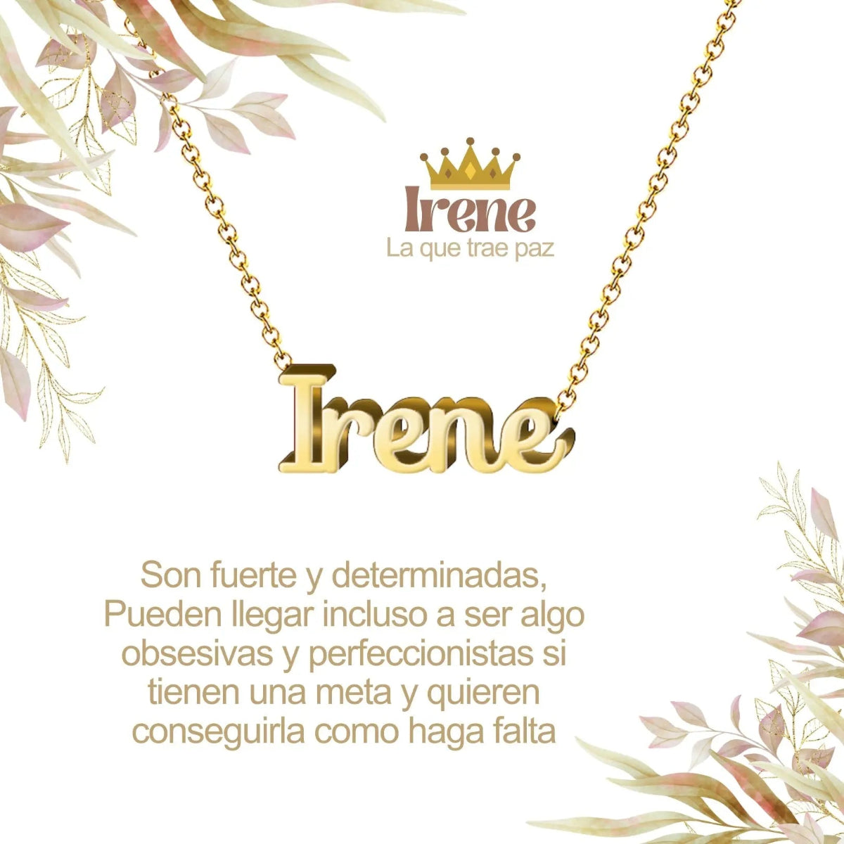 Collar con nombre Irene diseño armonioso bañado en oro 14k significado de paz y serenidad regalo mujer tranquila.