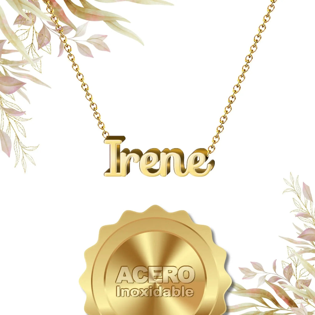 Collar Edición Nombre "irene" - Símbolo de Paz Bañada en Oro 14K textura