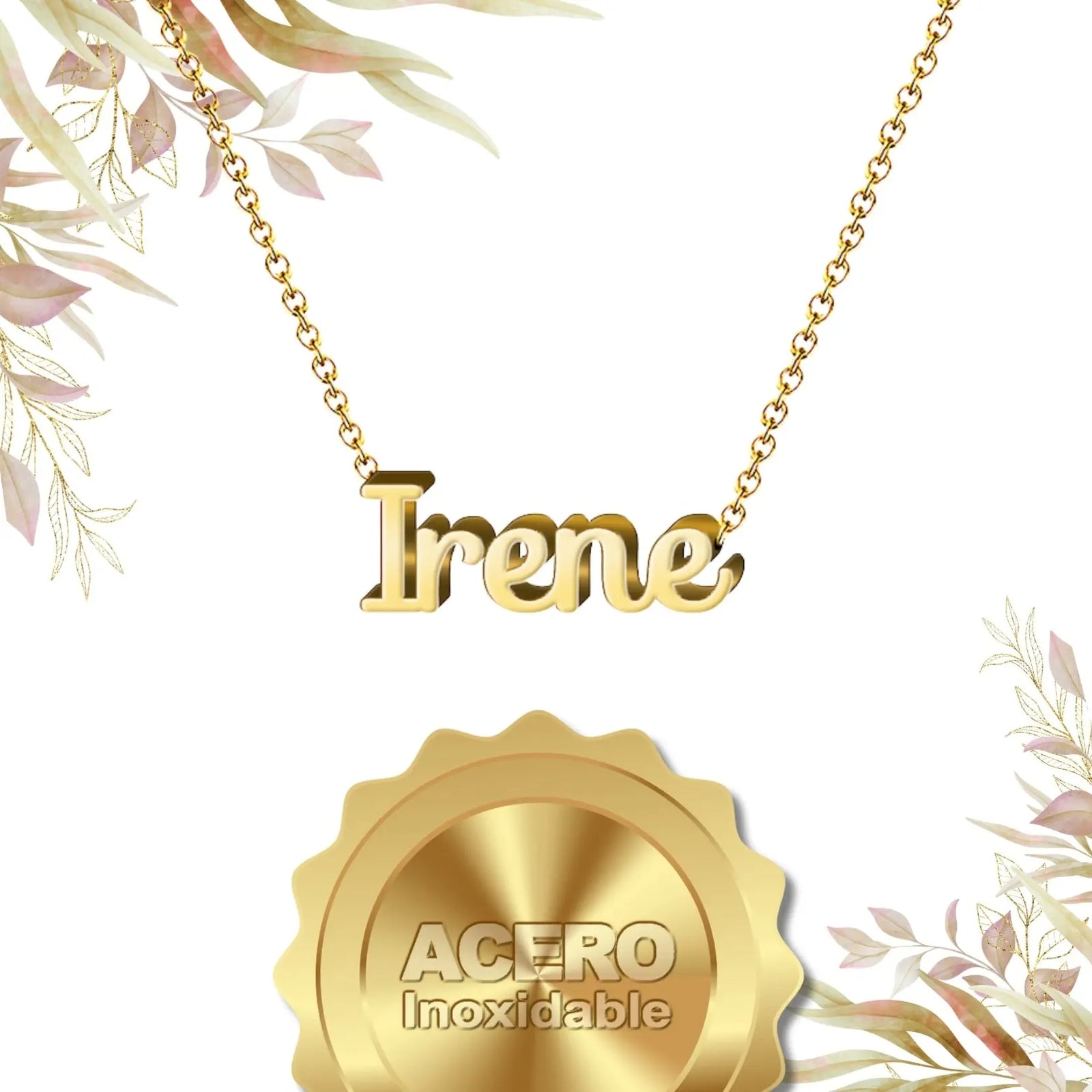 Collar Edición Nombre "irene" - Símbolo de Paz Bañada en Oro 14K textura