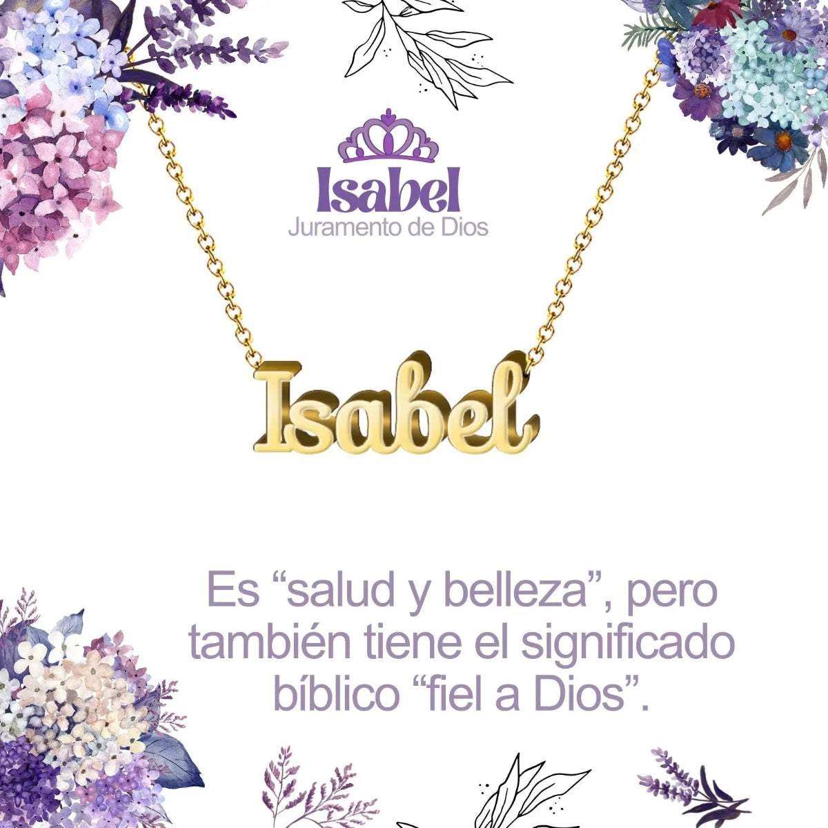 Collar con nombre Isabel diseño real bañado en oro 14k significado de promesa de Dios y reina regalo mujer elegante.