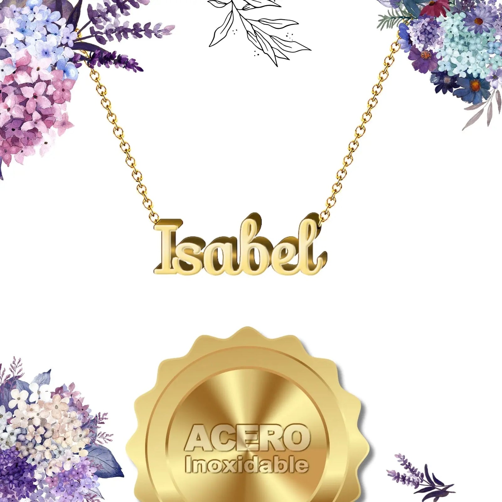 Collar Edición Nombre "isabel" - Elegancia Real Bañada en Oro 14K textura