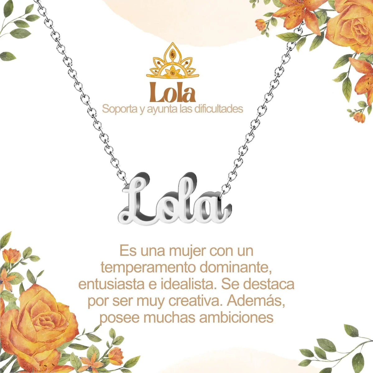 Collar con nombre Lola en acero inoxidable plateado resistente al agua joya moderna regalo para mujer fuerte.