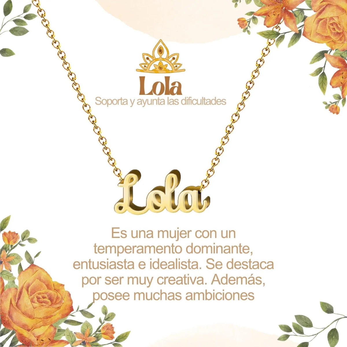 Collar con nombre Lola diseño con carácter bañado en oro 14k significado de pasión y fuerza femenina regalo mujer.