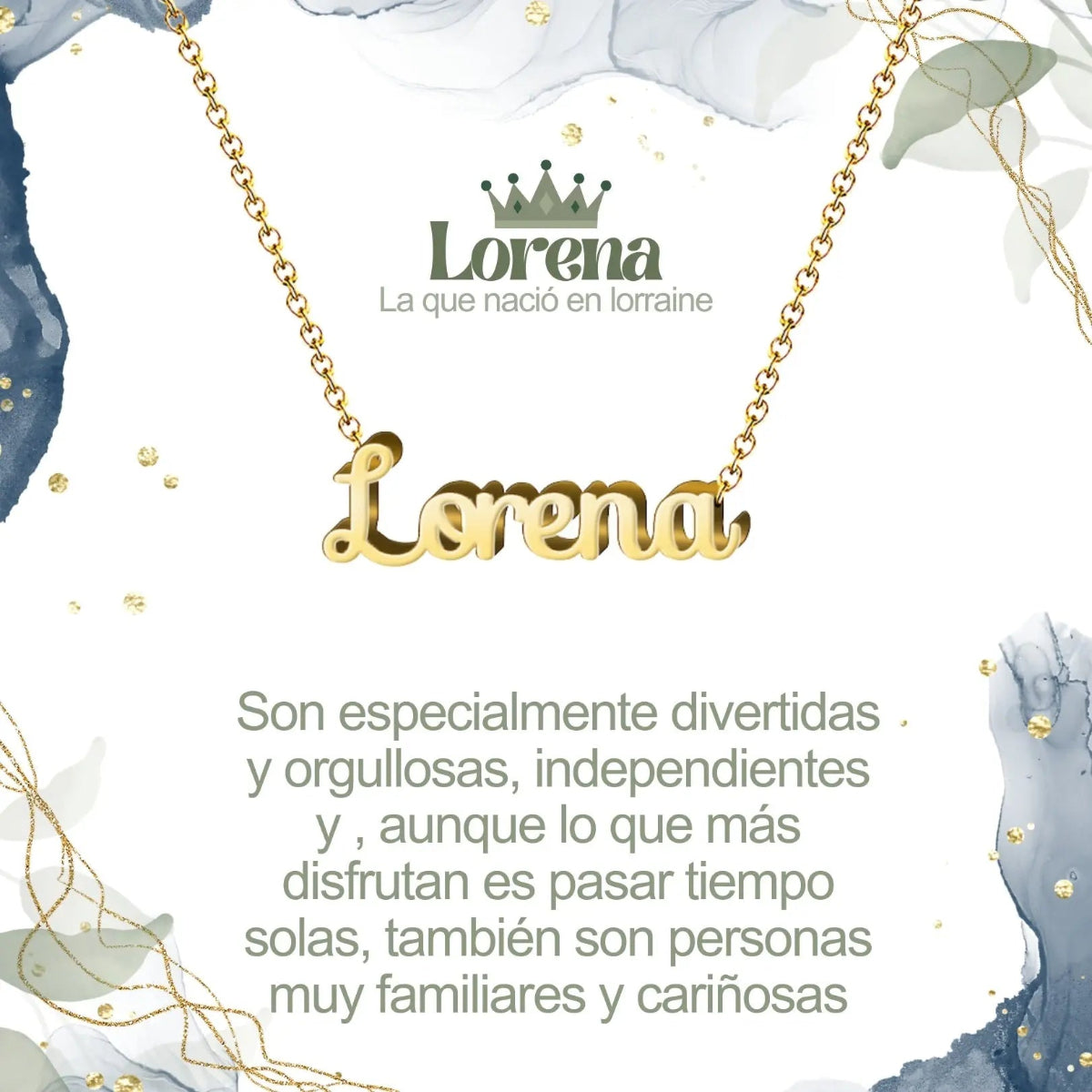 Collar con nombre Lorena diseño distinguido bañado en oro 14k significado de victoria y laurel regalo mujer exitosa.