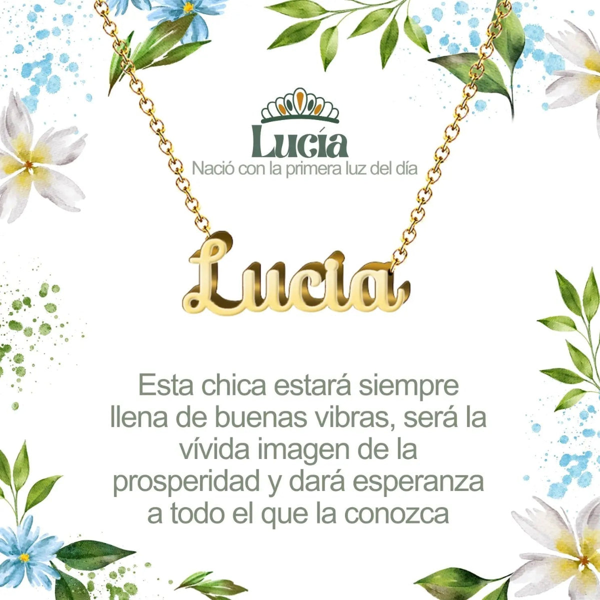 Collar con nombre Lucía diseño radiante bañado en oro 14k significado de luz y primera claridad regalo mujer luminosa.