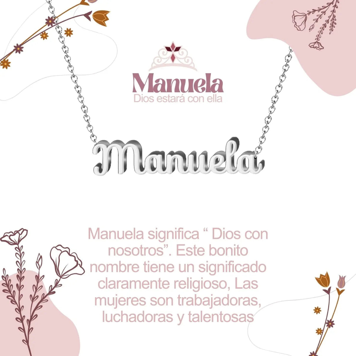 Collar con nombre Manuela en acero inoxidable plateado resistente al agua joya con significado regalo para mujer.