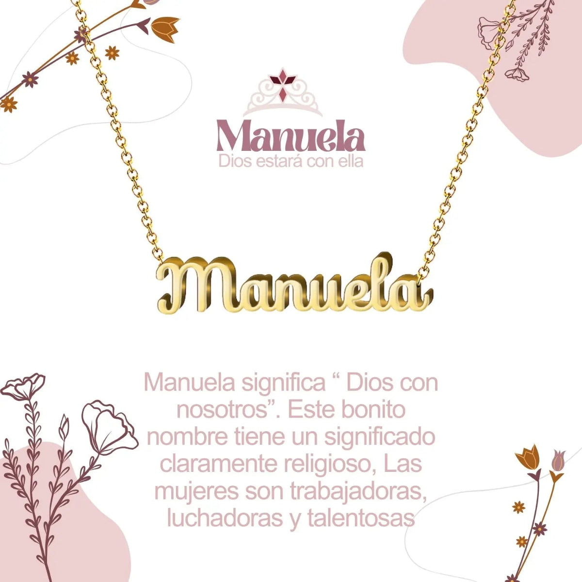 Collar con nombre Manuela diseño delicado bañado en oro 14k significado de Dios con nosotros regalo espiritual mujer.