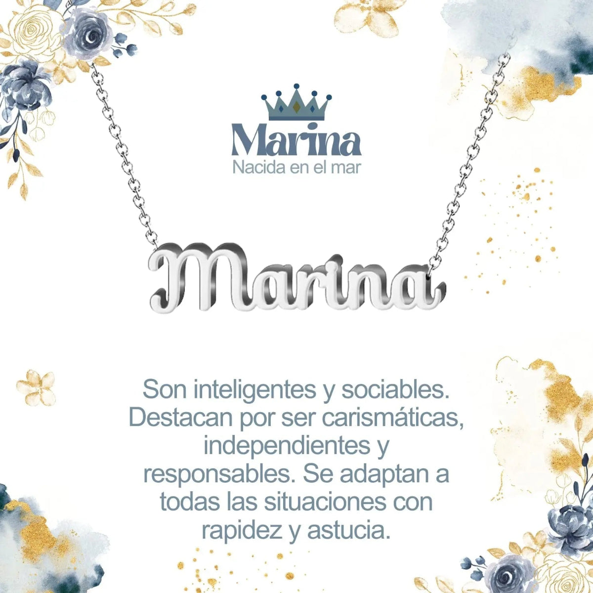 Collar con nombre Marina en acero inoxidable plateado resistente al agua joya veraniega regalo para mujer playera.