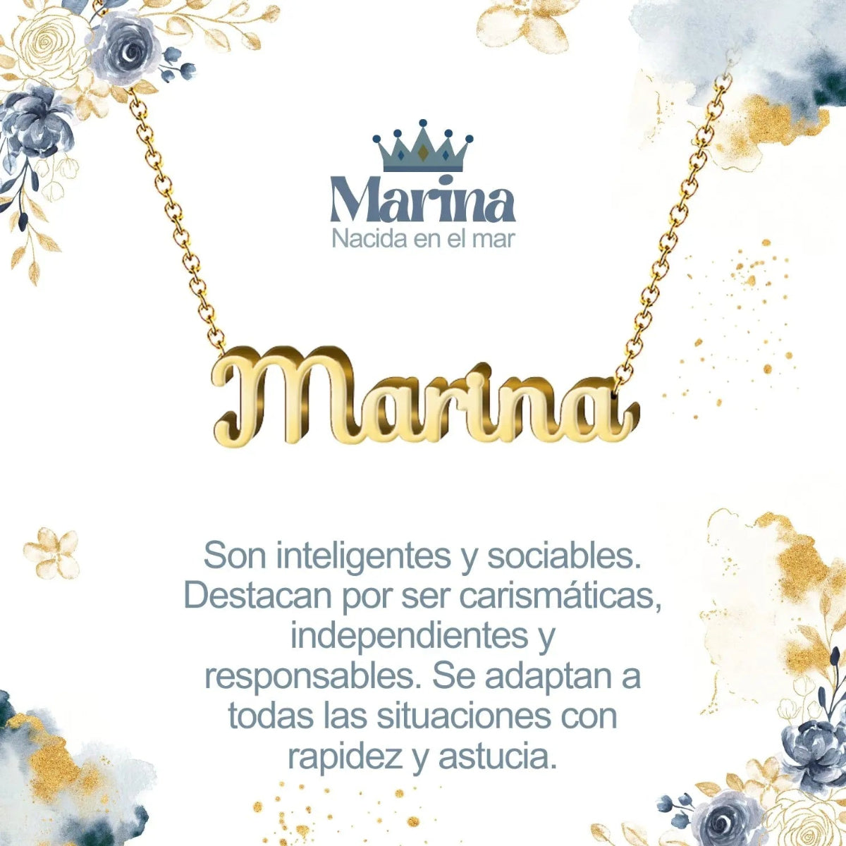 Collar con nombre Marina diseño delicado bañado en oro 14k significado de mujer del mar y serenidad regalo verano.