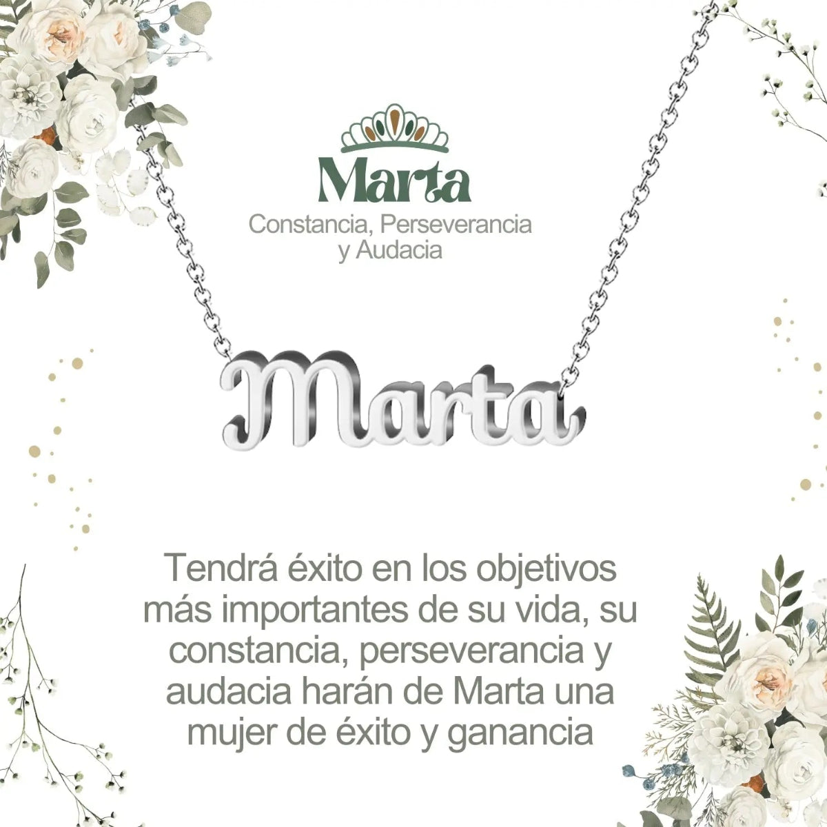 Collar con nombre Marta en acero inoxidable plateado resistente al agua joya fuerte regalo para mujer práctica.