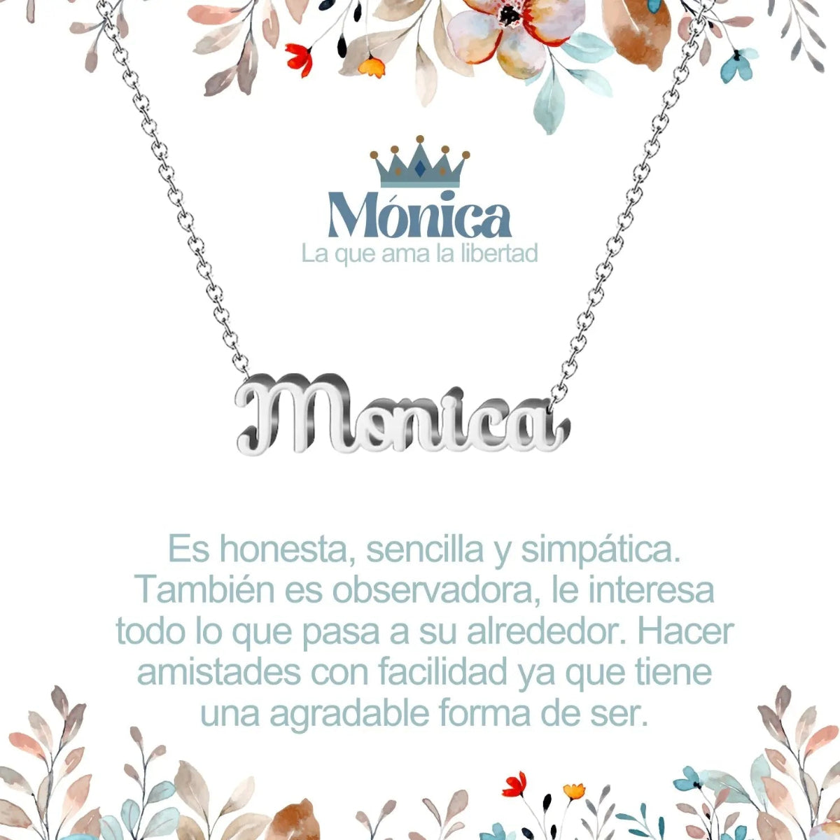 Collar con nombre Mónica en acero inoxidable plateado resistente al agua joya moderna regalo para mujer.