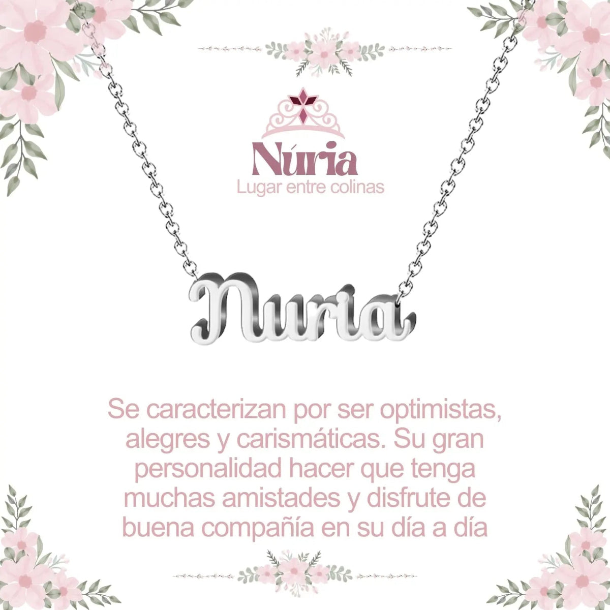 Collar con nombre Nuria en acero inoxidable plateado resistente al agua joya luminosa regalo para mujer.