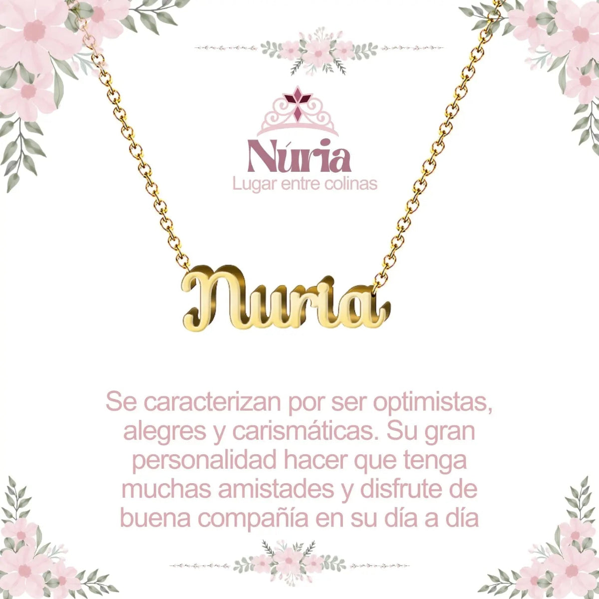 Collar con nombre Nuria diseño brillante bañado en oro 14k significado de luz y luminosidad regalo mujer.