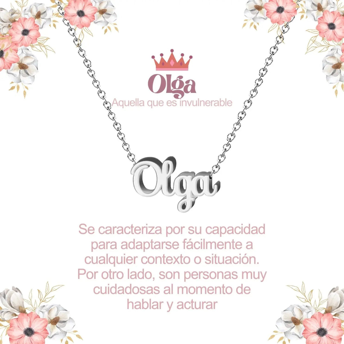 Collar con nombre Olga en acero inoxidable plateado resistente al agua joya fuerte regalo para mujer.