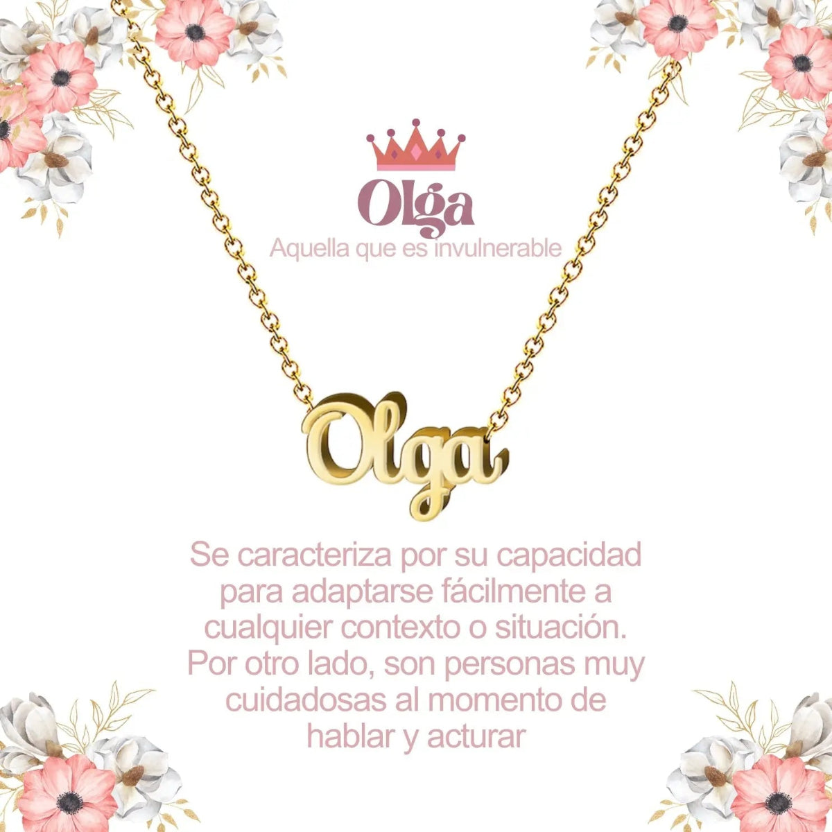 Collar con nombre Olga diseño elegante bañado en oro 14k significado de santa y sublime regalo mujer.