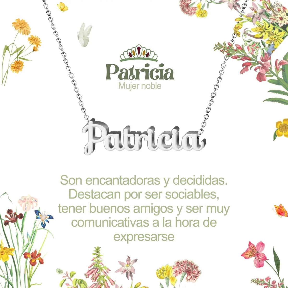 Collar con nombre Patricia en acero inoxidable plateado resistente al agua joya moderna regalo para mujer.