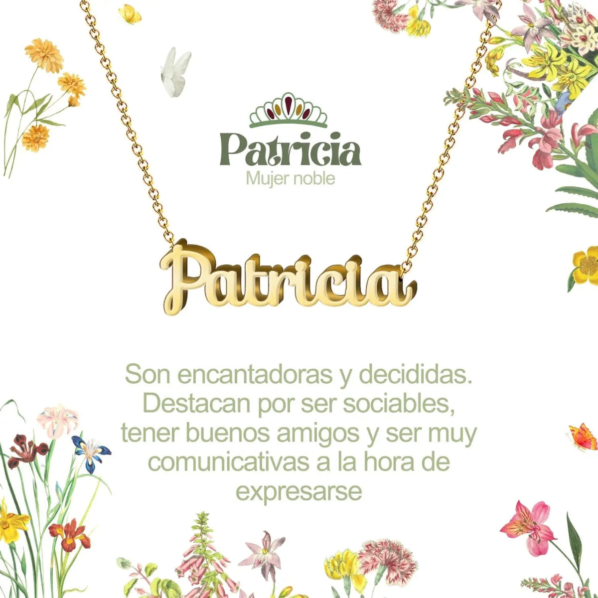 Collar con nombre Patricia diseño elegante bañado en oro 14k significado de nobleza y distinción regalo mujer.