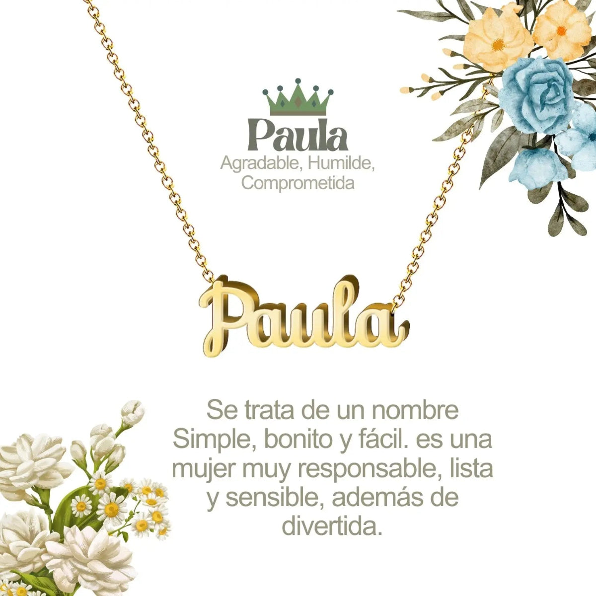 Collar con nombre Paula diseño delicado bañado en oro 14k significado de pequeña y preciosa regalo mujer.