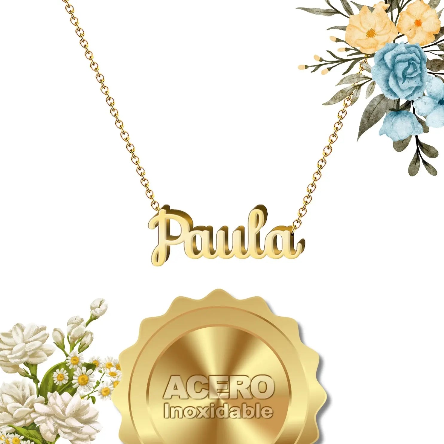 Collar Edición Nombre "paula" - Delicadeza Y Encanto Dorado 14K textura