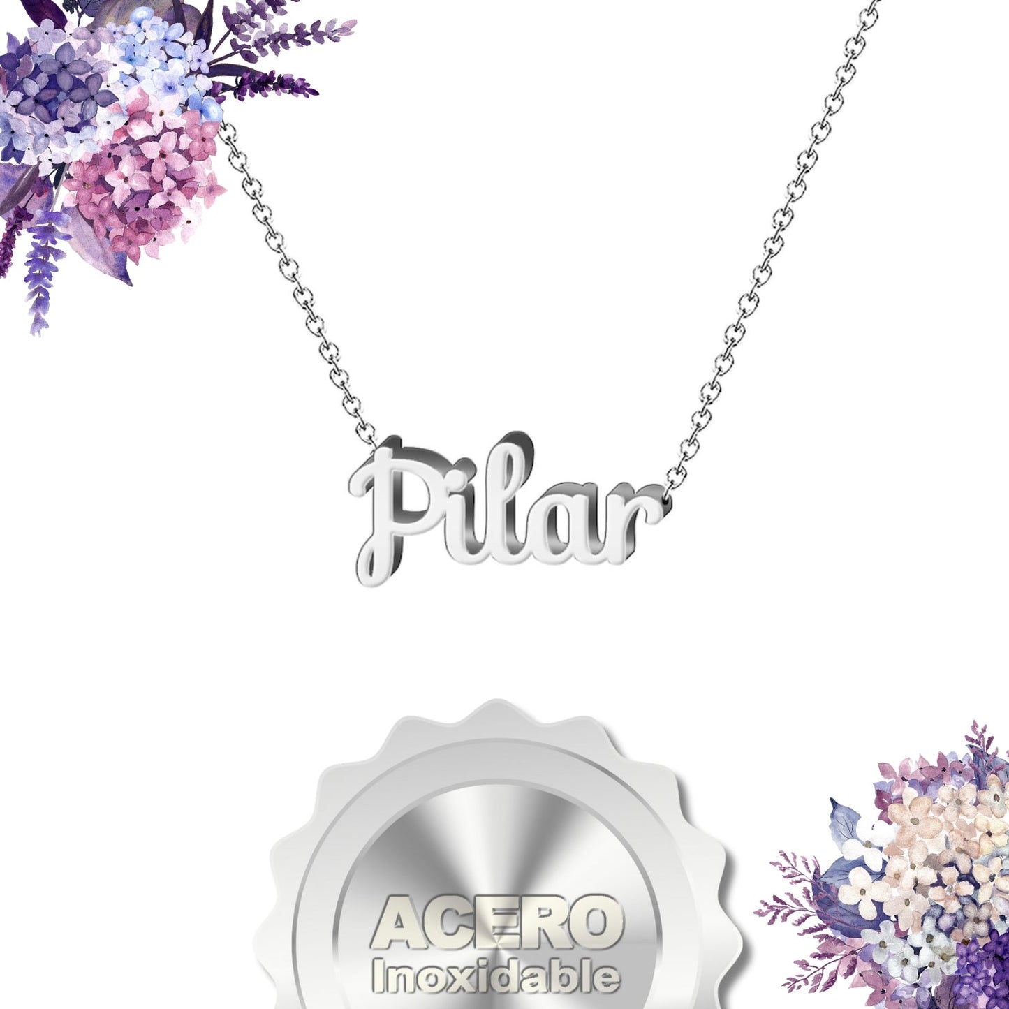 Collar Nombre  Pilar Acero color Plateado