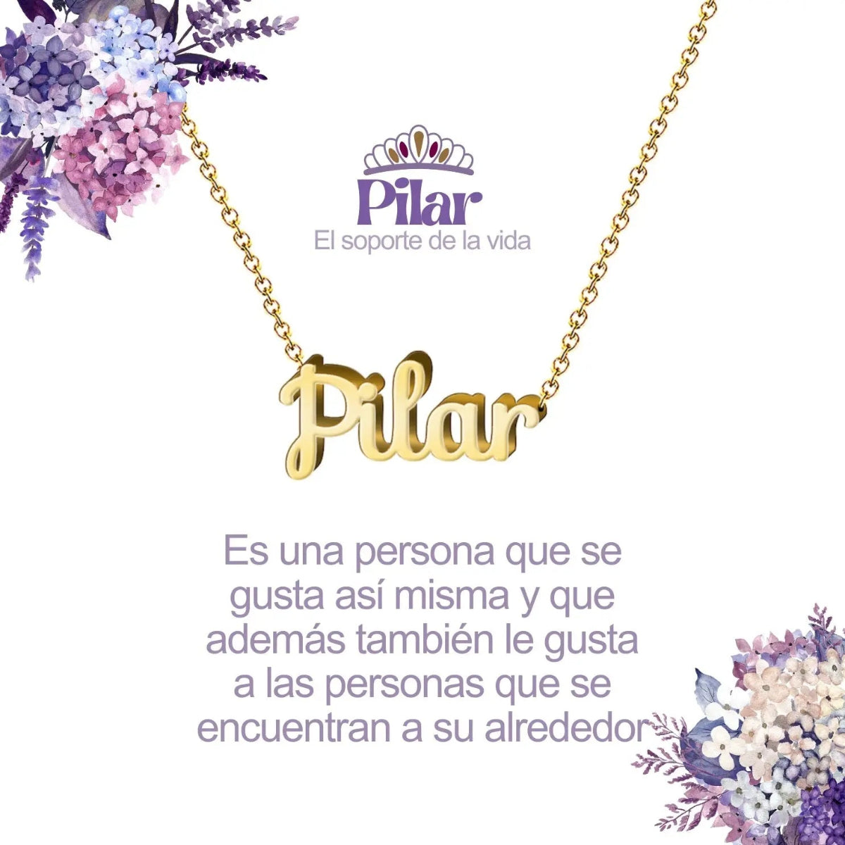 Collar con nombre Pilar diseño elegante bañado en oro 14k significado de fortaleza y apoyo regalo para madre o mujer.