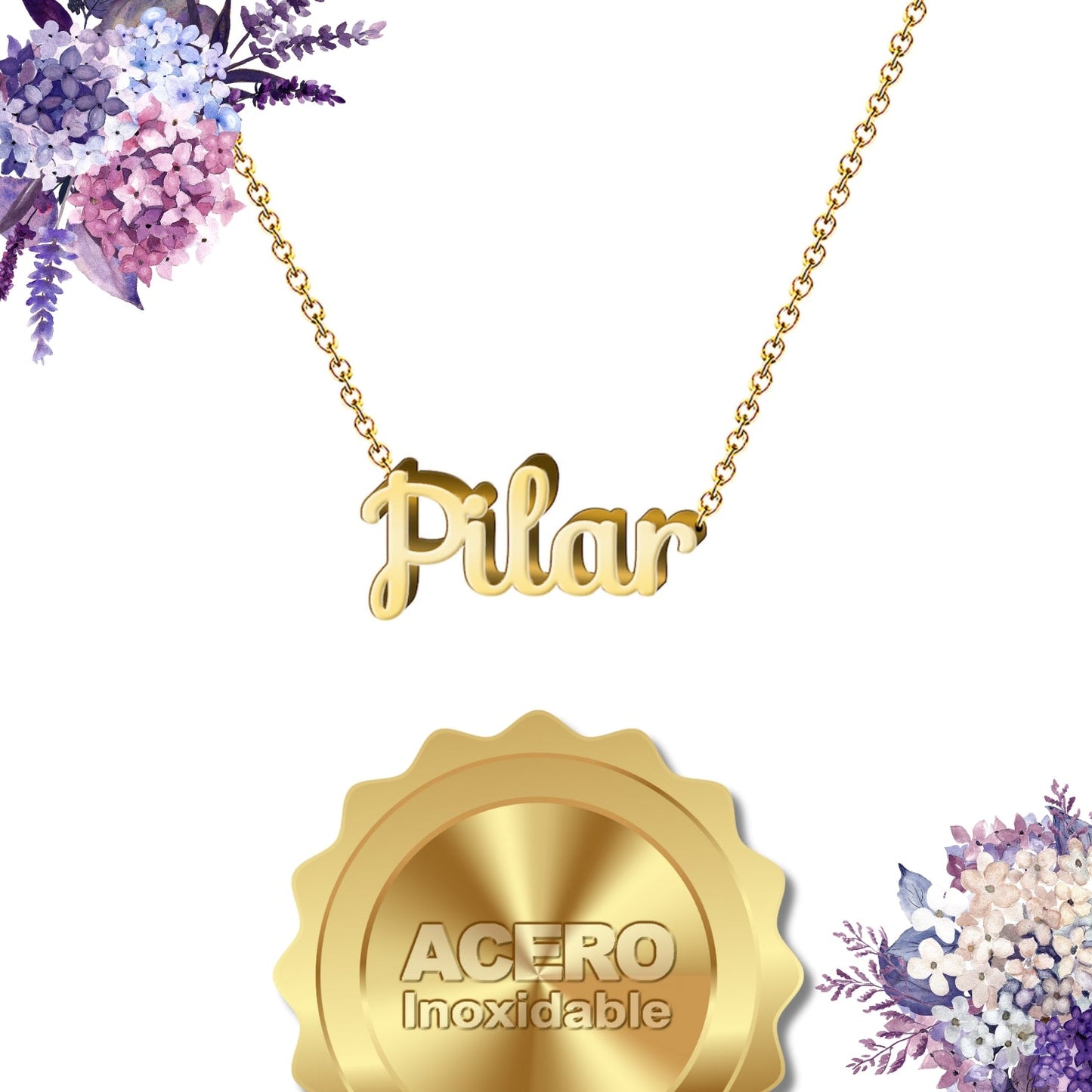 Collar Nombre  Pilar Acero color Dorado