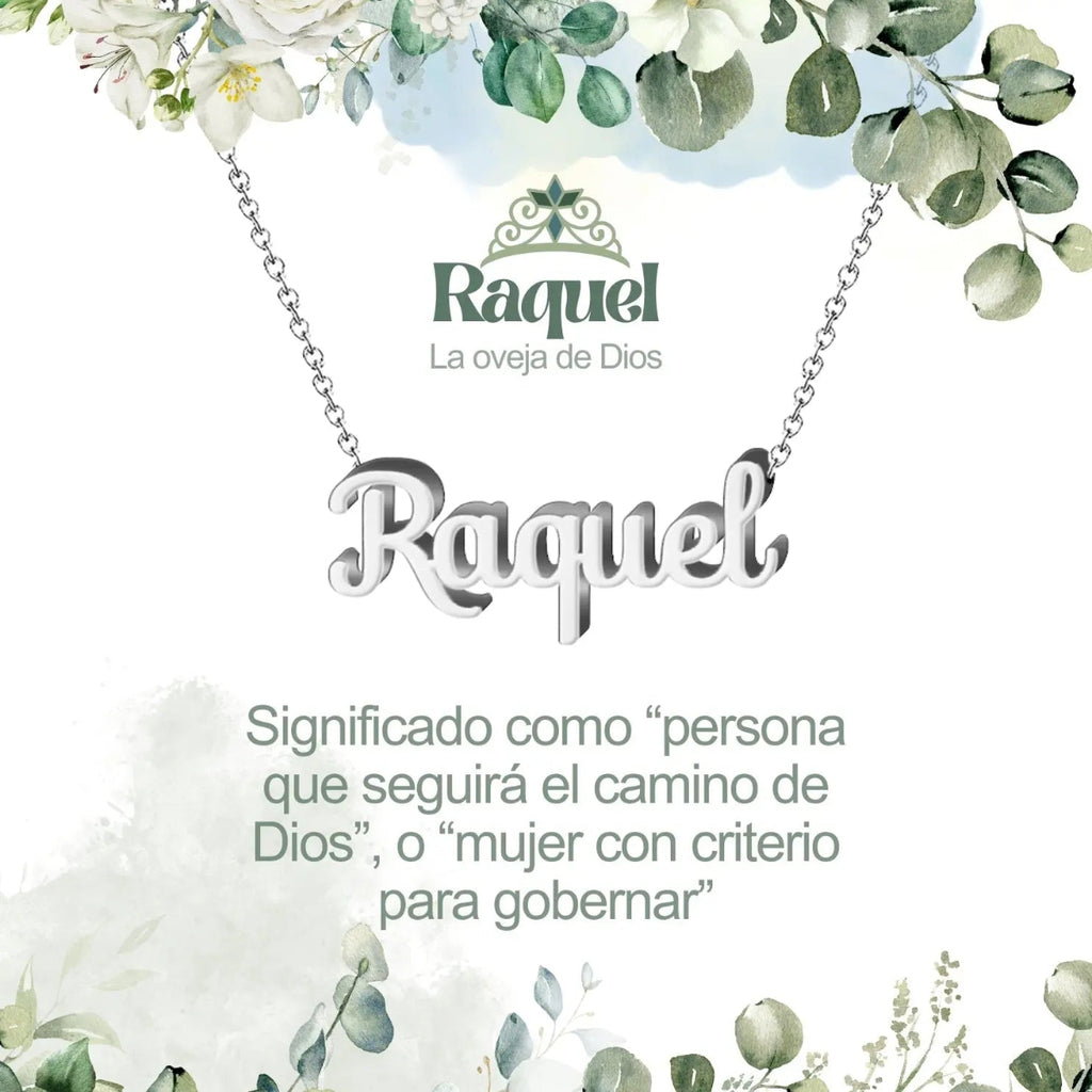 Collar con nombre Raquel en acero inoxidable plateado resistente al agua joya moderna regalo para mujer.