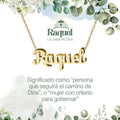 Collar con nombre Raquel diseño de caligrafía elegante bañado en oro 14k significado de belleza y carácter regalo mujer.