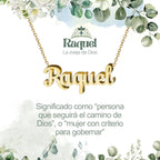 Collar con nombre Raquel diseño de caligrafía elegante bañado en oro 14k significado de belleza y carácter regalo mujer.