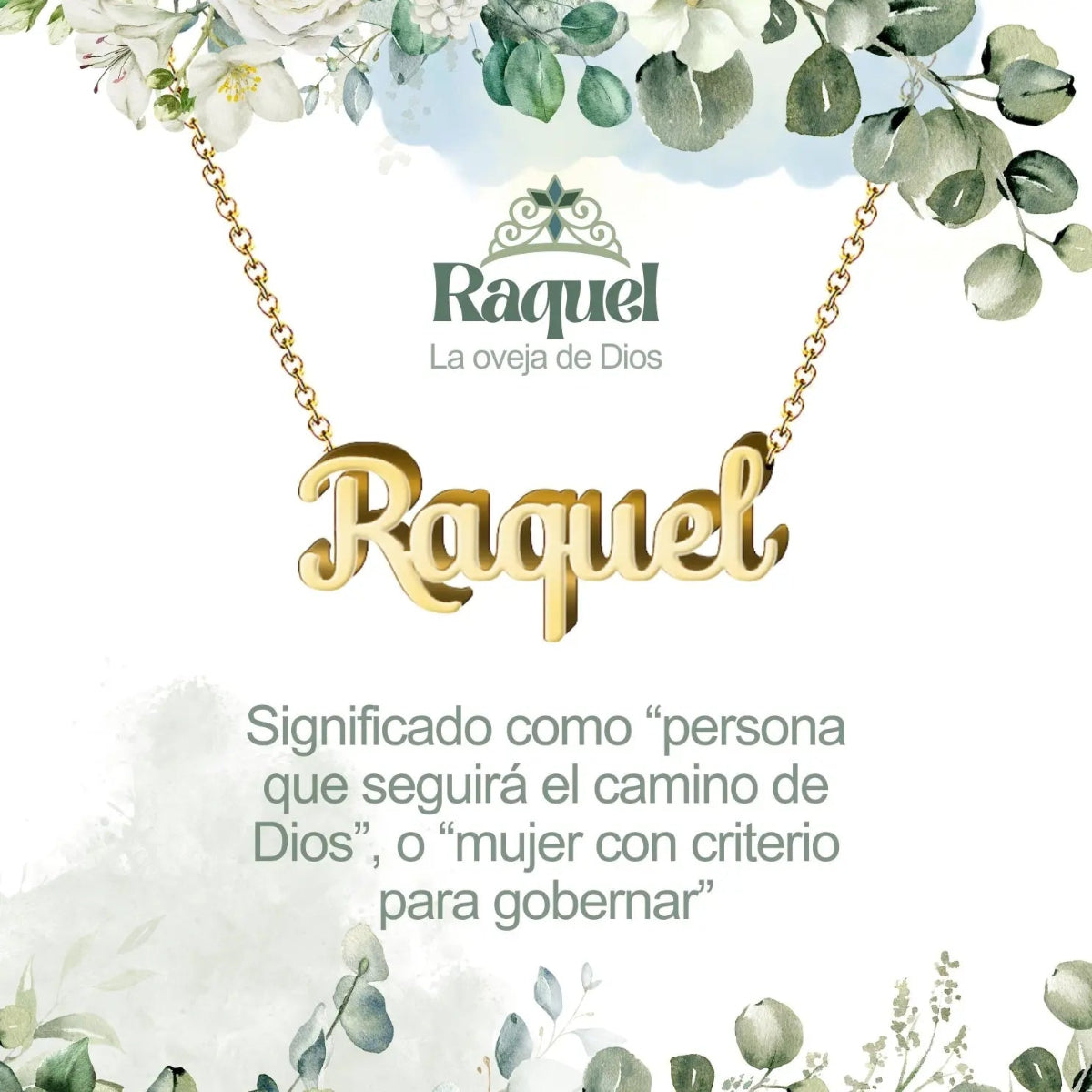 Collar con nombre Raquel diseño de caligrafía elegante bañado en oro 14k significado de belleza y carácter regalo mujer.