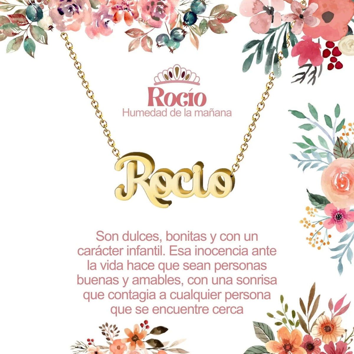 Collar con nombre Rocío diseño elegante bañado en oro 14k significado de frescura y luz regalo para mujer.