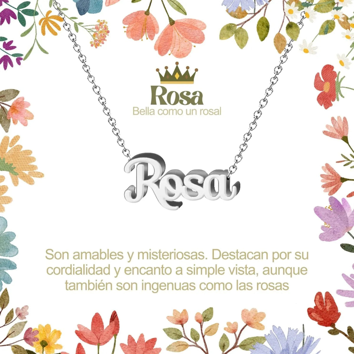Collar con nombre Rosa en acero inoxidable plateado resistente al agua joya moderna regalo para mujer.