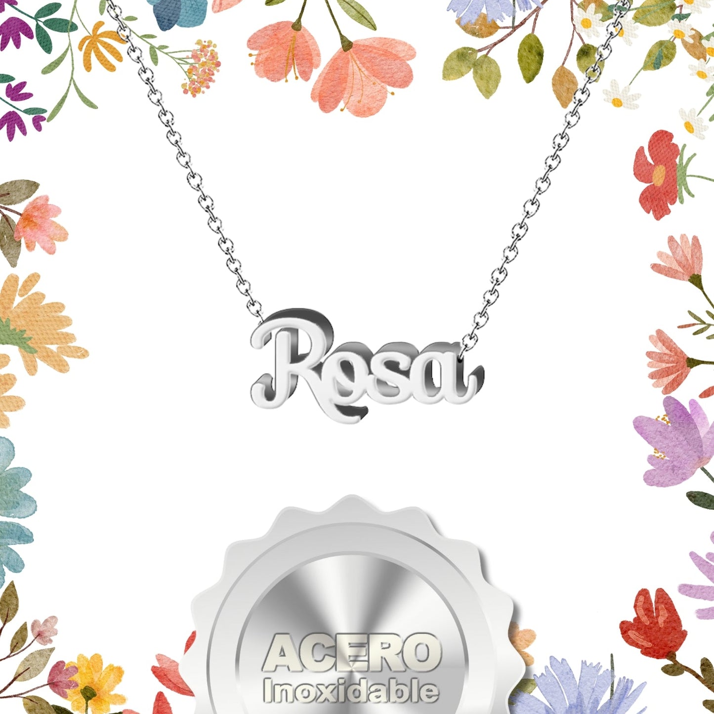 Collar Nombre  Rosa Acero color Plateado