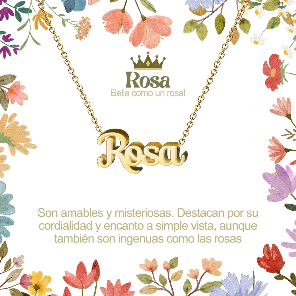 Collar con nombre Rosa diseño caligrafía romántica bañado en oro 14k significado de belleza y amor regalo mujer.