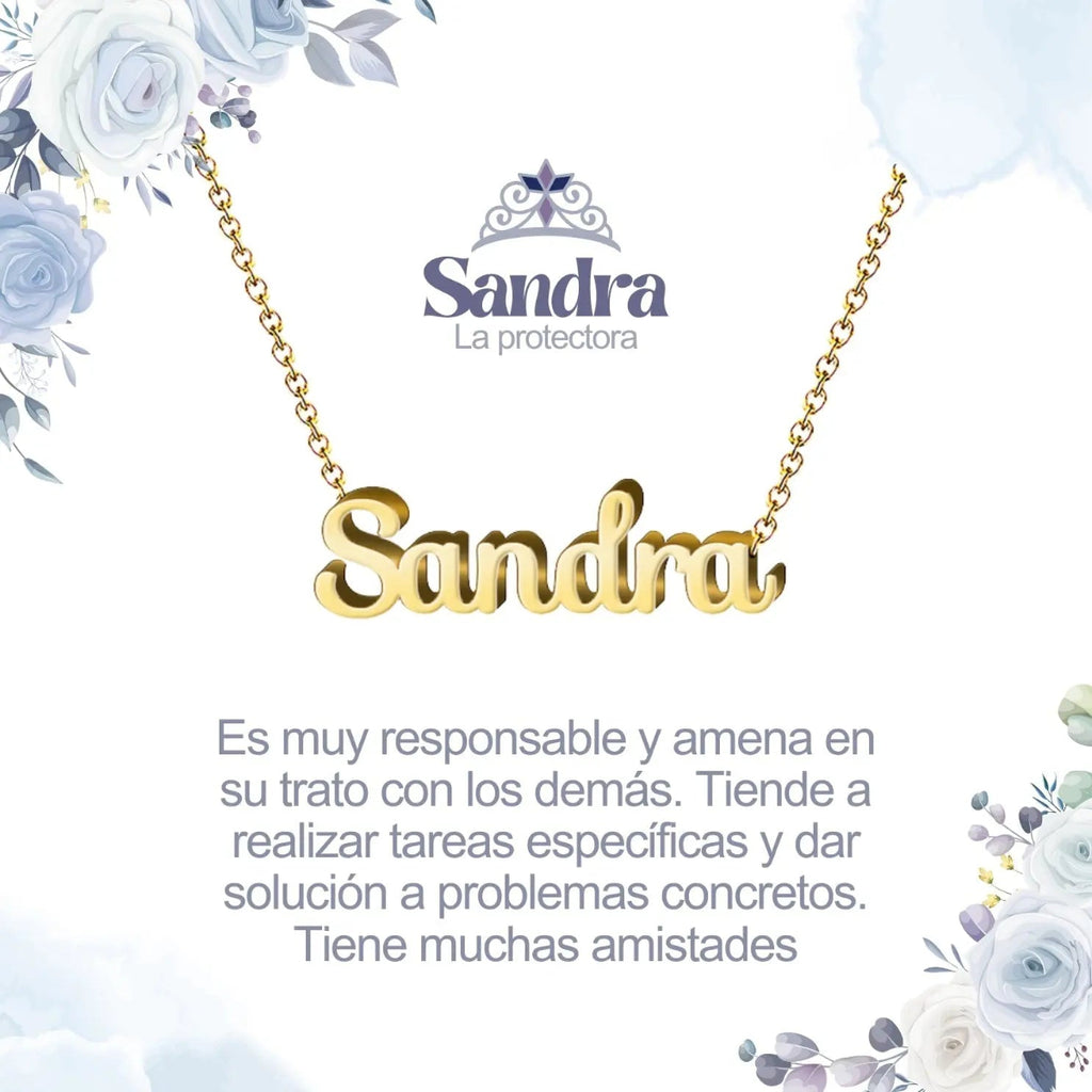 Collar con nombre Sandra diseño de caligrafía elegante bañado en oro 14k significado de protectora y carisma.