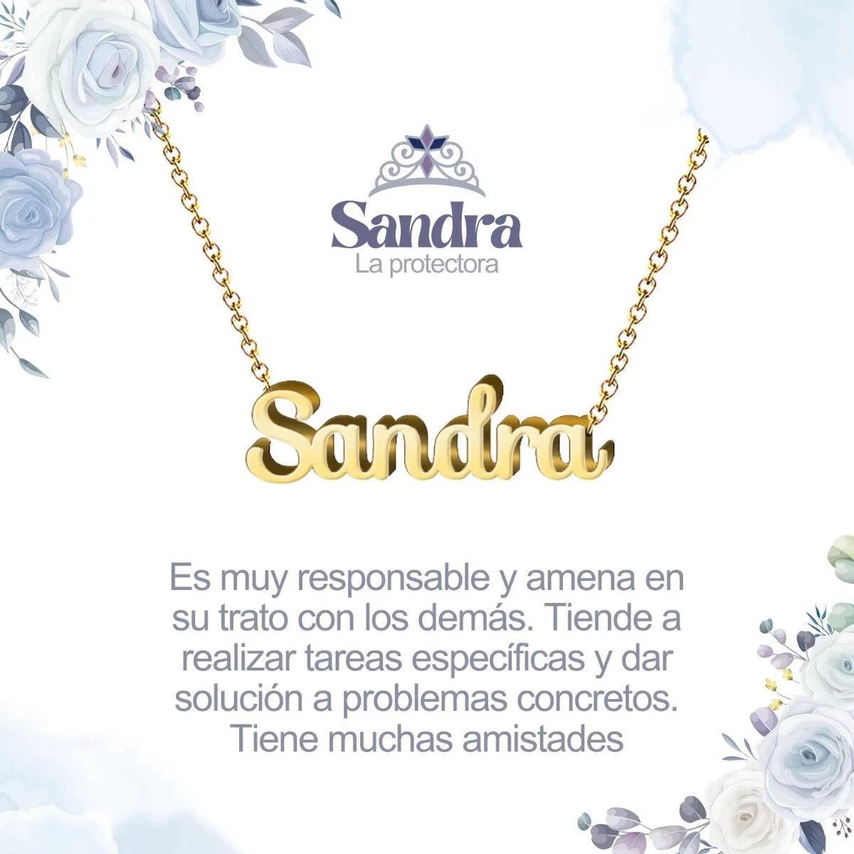 Collar con nombre Sandra diseño de caligrafía elegante bañado en oro 14k significado de protectora y carisma.