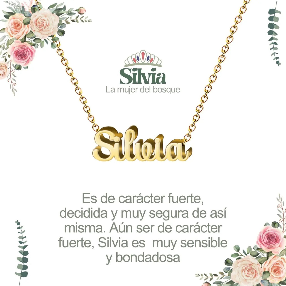 Collar con nombre Silvia diseño elegante bañado en oro 14k significado de bosque y naturaleza regalo mujer.