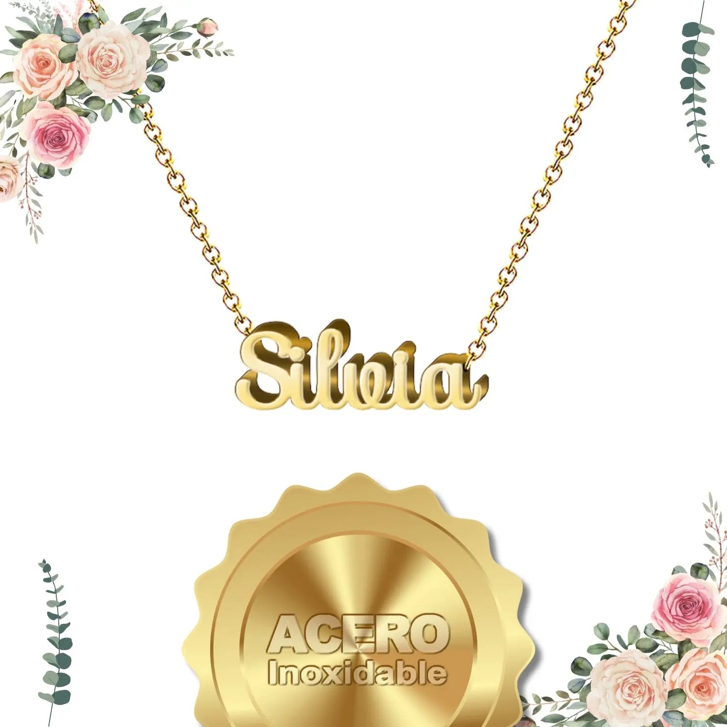 Collar Edición Nombre "silvia" - la Belleza Natural Bañada en Oro 14K textura
