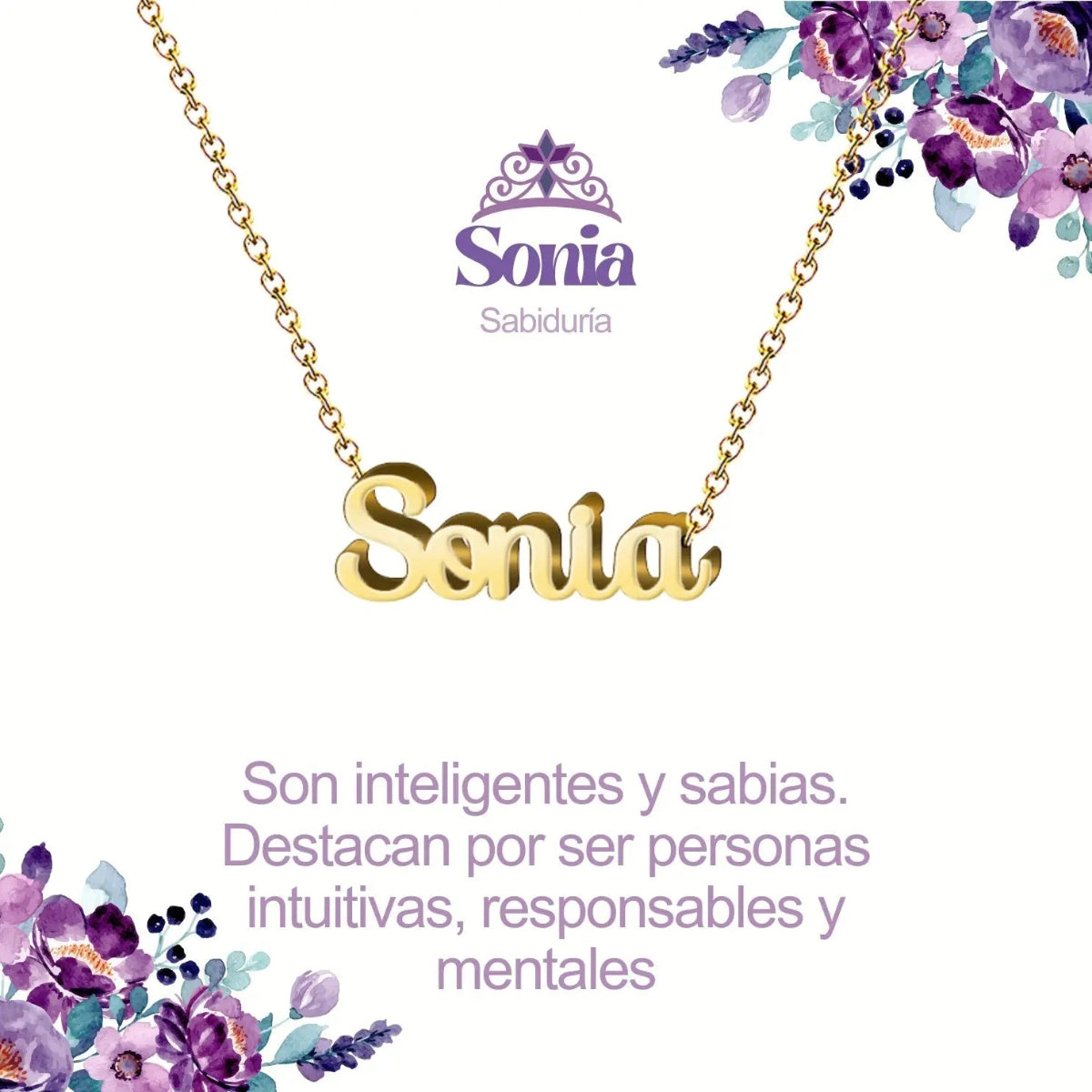 Collar con nombre Sonia diseño de caligrafía elegante bañado en oro 14k significado de sabiduría y luz.
