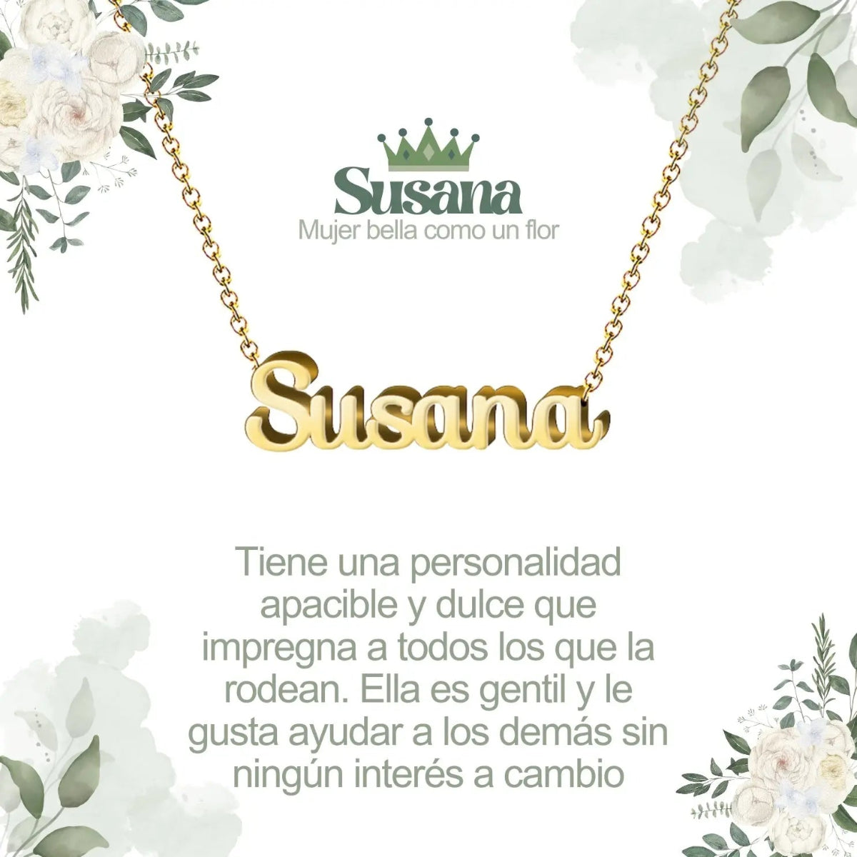 Collar con nombre Susana diseño elegante bañado en oro 14k significado de flor de loto y belleza natural.