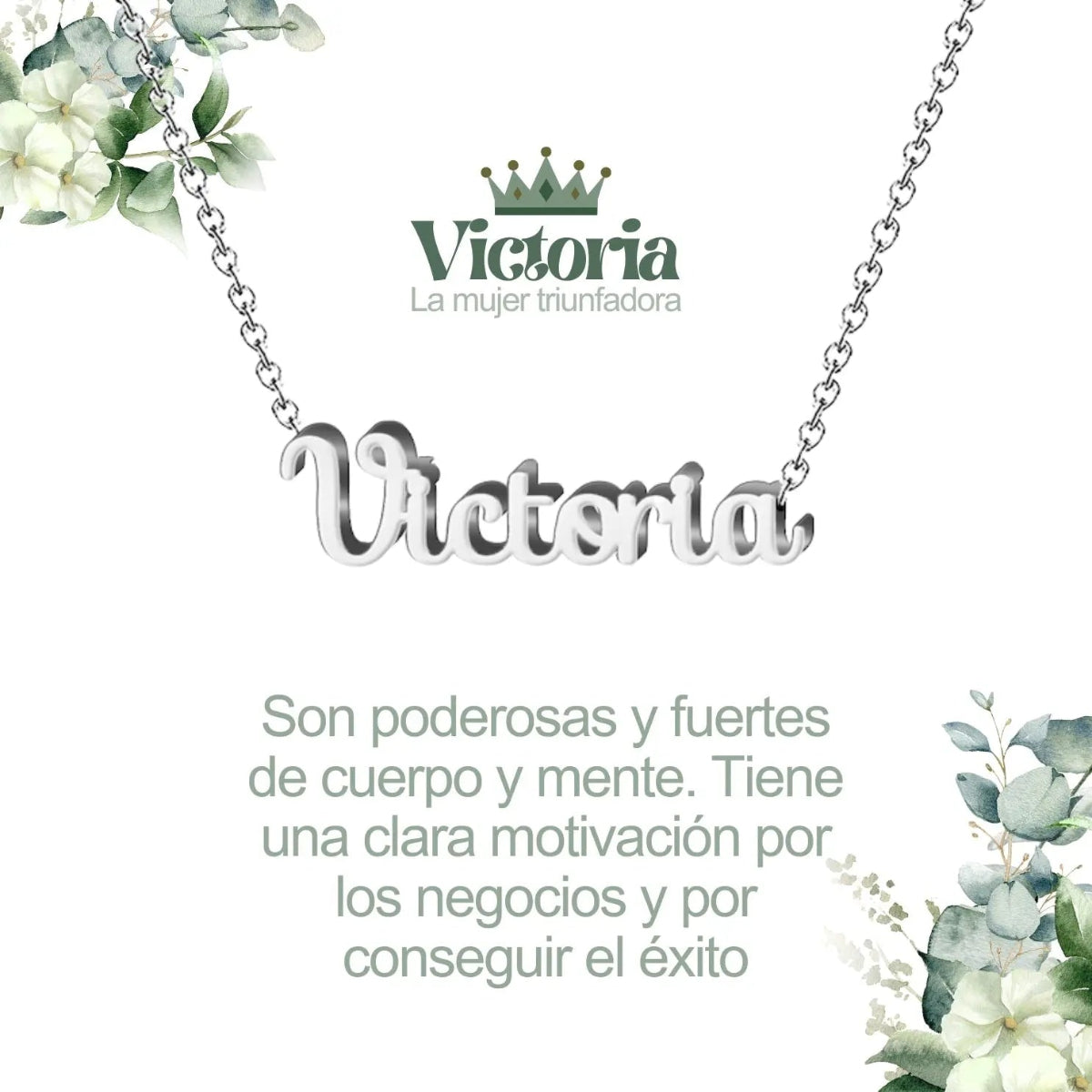 Collar con nombre Victoria en acero inoxidable plateado resistente al agua diseño moderno regalo para mujer.