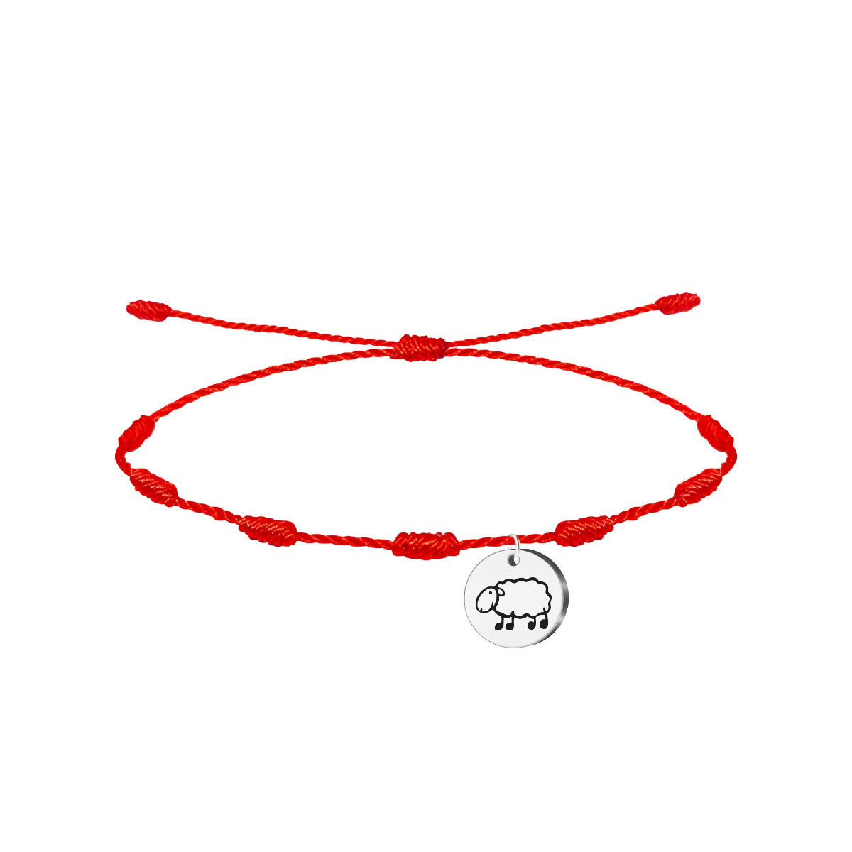 Pulsera de hilo rojo 7 nudos con charm de oveja Ardi Latxa plateada en acero, tarjeta con mensaje sobre valorar a las personas
