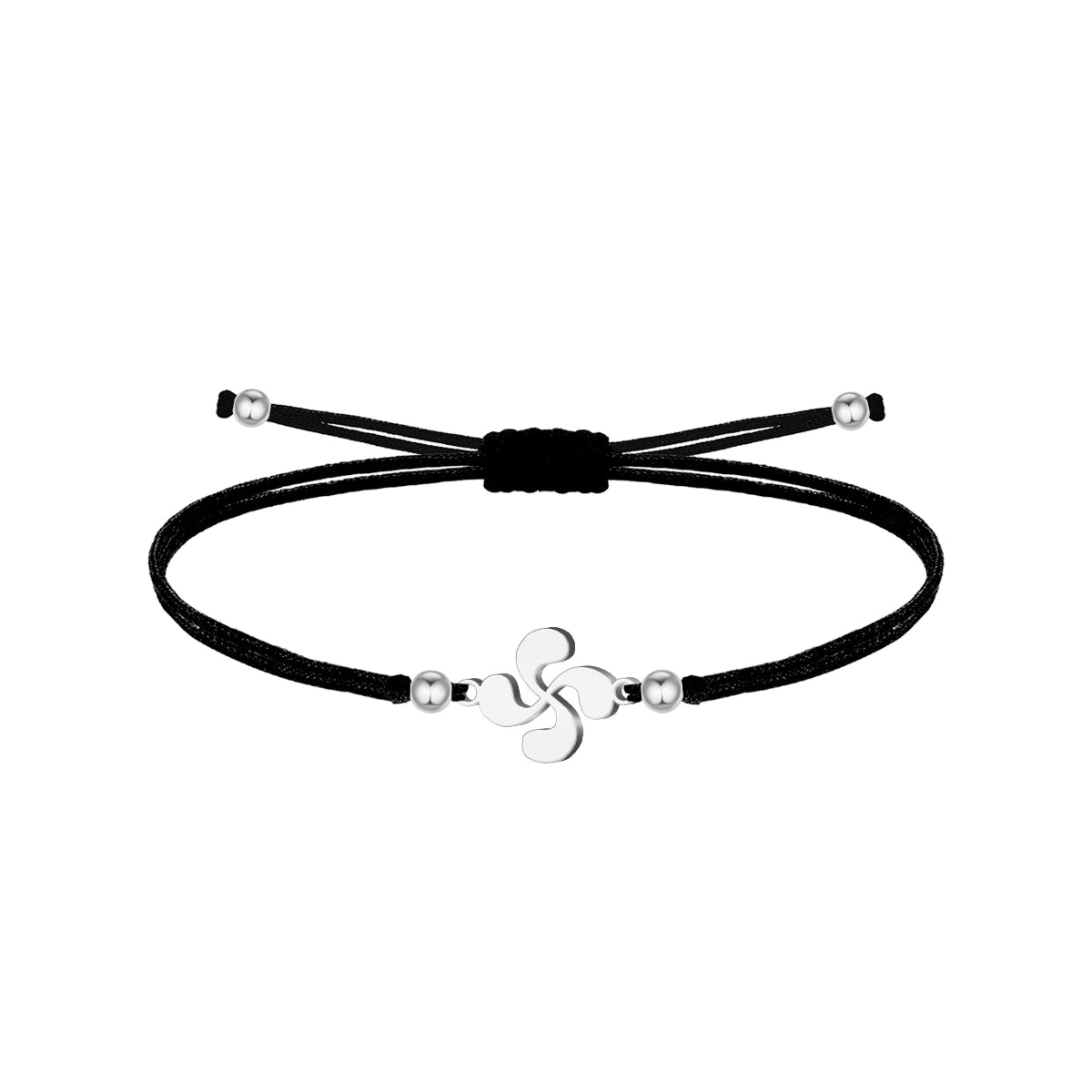 Pulsera de hilo encerado negro con conector Lauburu plateado en acero inoxidable y cuentas de metal, cierre ajustable