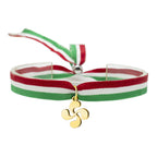 Pulsera de tela con bandera Ikurriña y charm de Lauburu dorado en acero inoxidable