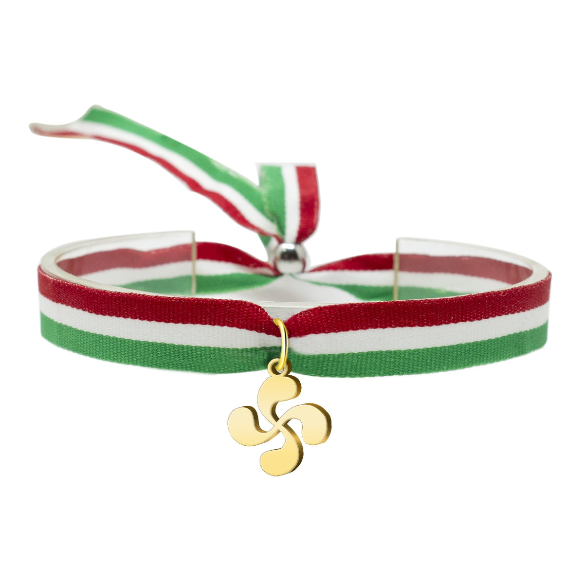 Pulsera de tela con bandera Ikurriña y charm de Lauburu dorado en acero inoxidable