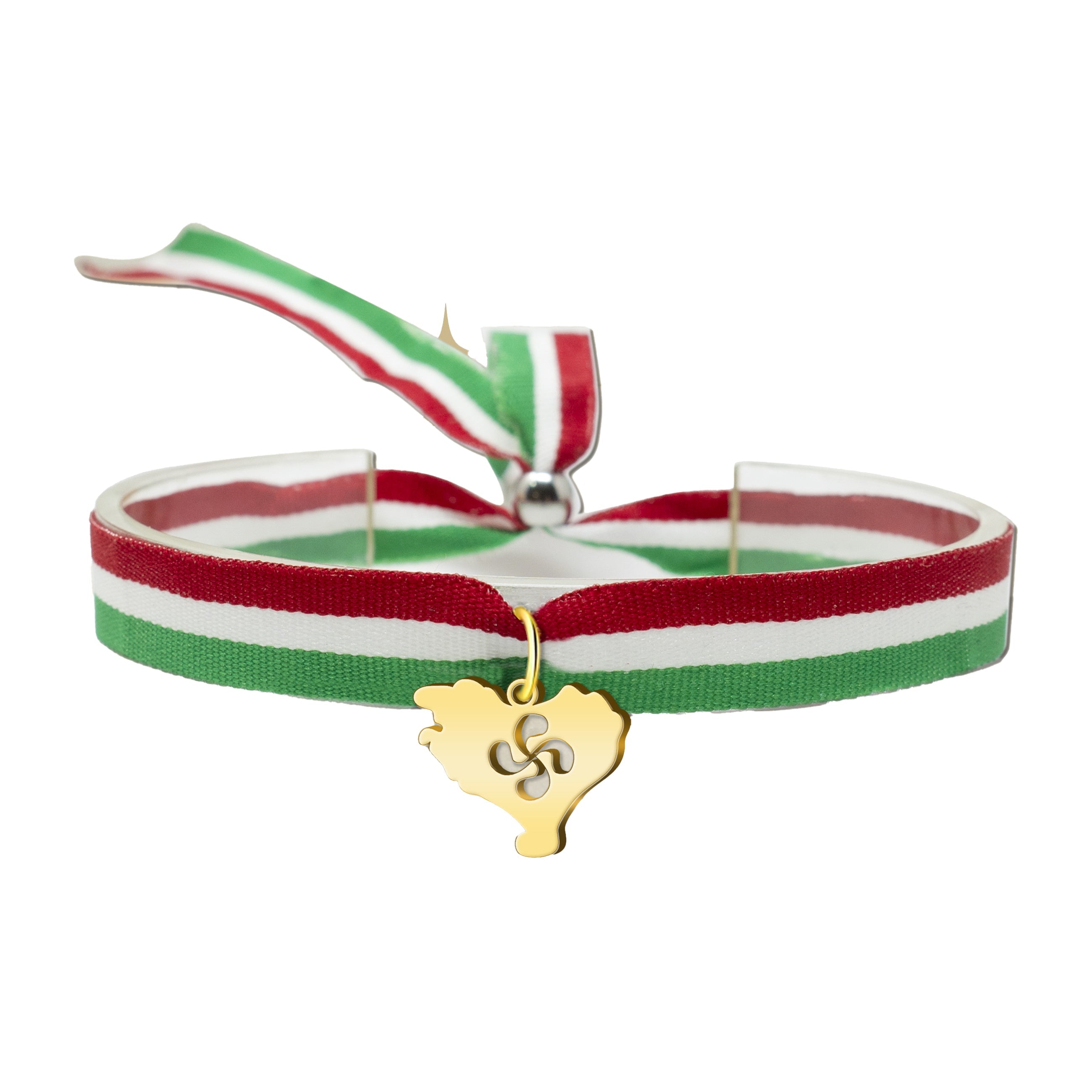 Pulsera de tela con bandera Ikurriña y colgante de mapa Euskal Herria dorado con Lauburu calado