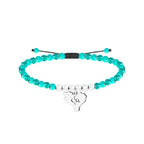 Pulsera de cuentas turquesas con mapa de Euskal Herria plateado, tarjeta con frase sabia en euskera sobre escuchar al corazón frente a la razón