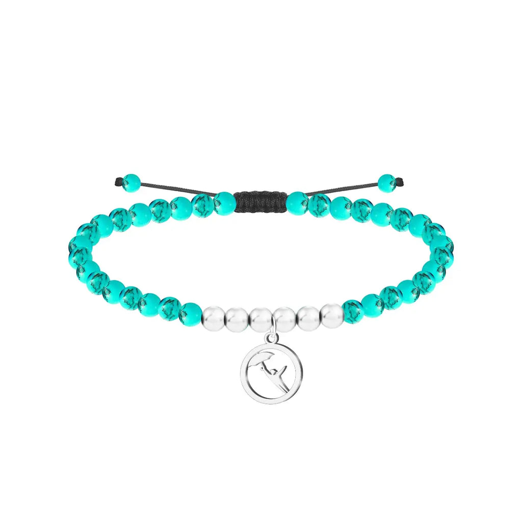 Pulsera de cuentas turquesas con charm de paraguas de Celedón plateado, tarjeta con frase positiva en euskera "Que tu sonrisa supere tus problemas"