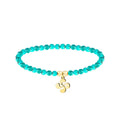 Pulsera de hilo color turquesa con entrepieza de Lauburu dorado, tarjeta con frase en euskera sobre la superación y el futuro