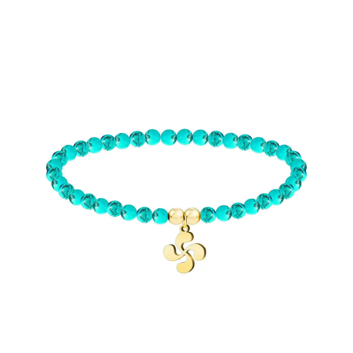 Pulsera de hilo color turquesa con entrepieza de Lauburu dorado, tarjeta con frase en euskera sobre la superación y el futuro